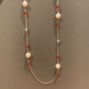 Honora Pearl Station Necklace || Silver Chain, Pearls, Red Beads